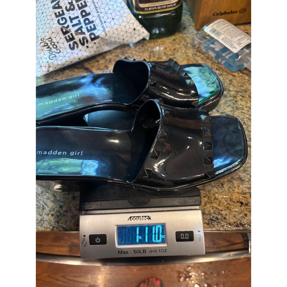 Madden Girl Black Studded Square‎ Toe Platform Slide Sandals Block Heels Size 10 - Picture 5 of 5